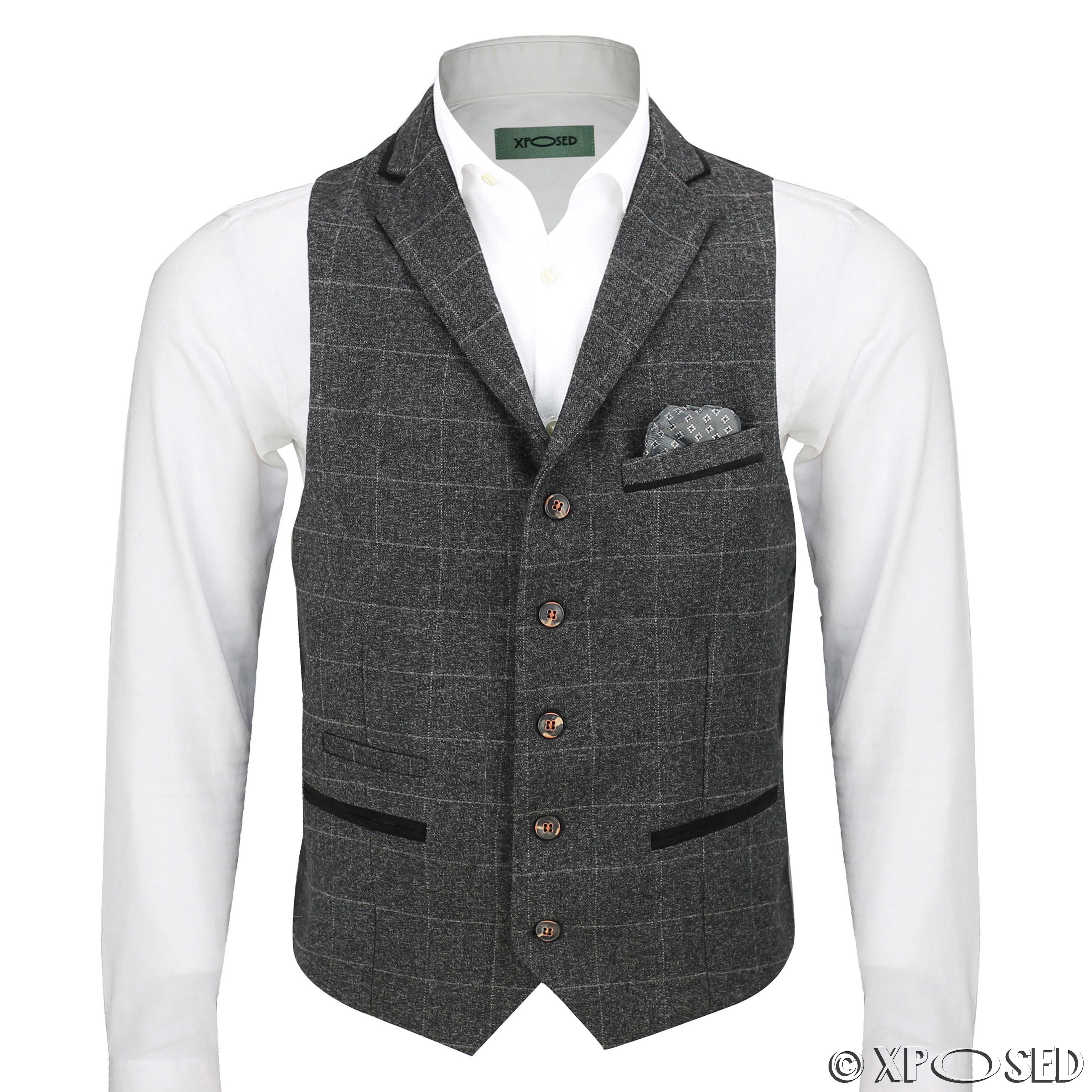 Mens Herringbone Tweed Check Vintage Collar Waistcoat Casual Tailored